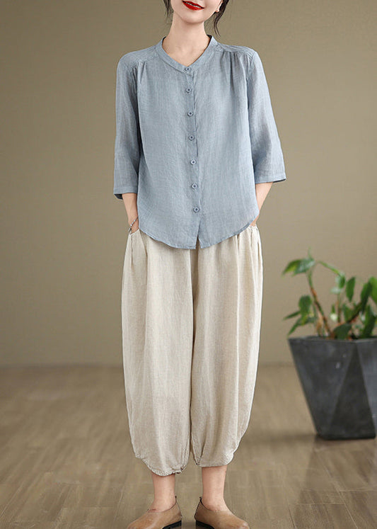 Simple Sea Blue Oversized Linen Two Piece Set Outfits Summer