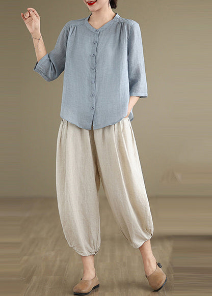 Simple Sea Blue Oversized Linen Two Piece Set Outfits Summer
