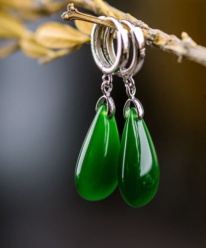 Pendientes sencillos de seda con forma de gota de agua de jade y plata de ley