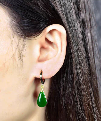 Pendientes sencillos de seda con forma de gota de agua de jade y plata de ley