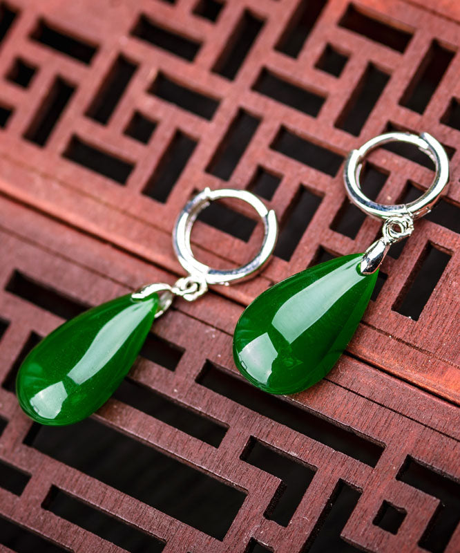 Pendientes sencillos de seda con forma de gota de agua de jade y plata de ley
