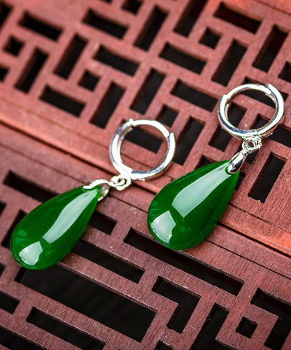 Pendientes sencillos de seda con forma de gota de agua de jade y plata de ley