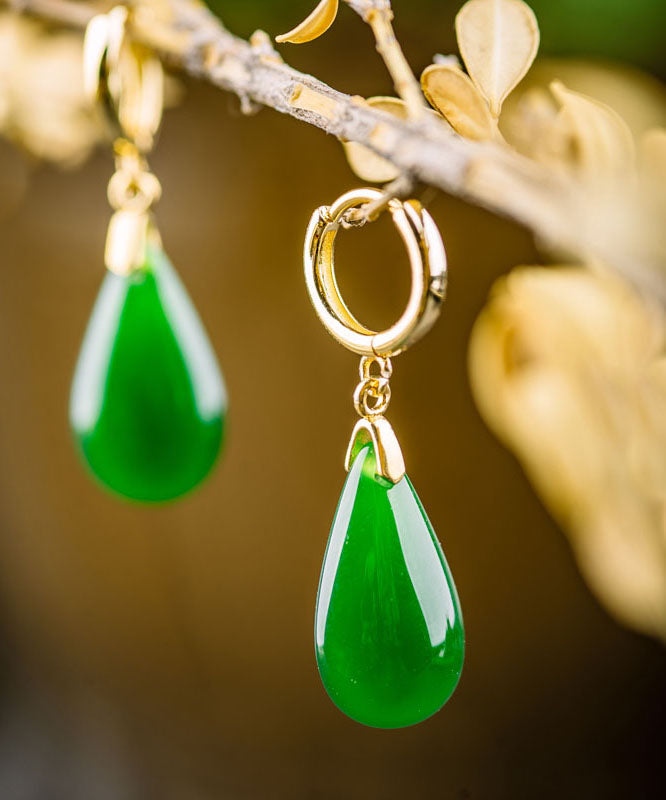 Pendientes sencillos de seda con forma de gota de agua de jade y plata de ley