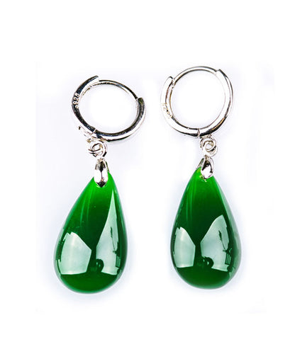 Pendientes sencillos de seda con forma de gota de agua de jade y plata de ley
