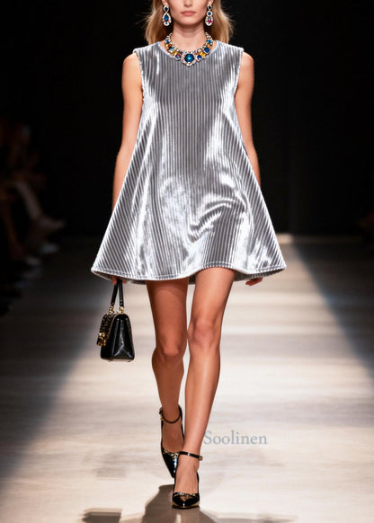 Simple Silvery O-Neck Corduroy A Line Dress Sleeveless