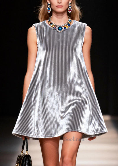 Simple Silvery O-Neck Corduroy A Line Dress Sleeveless