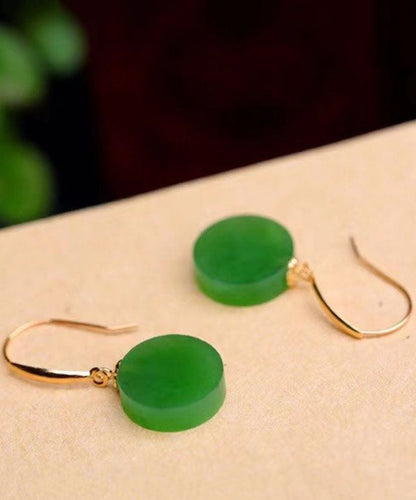 Simple Spinach Green 18K Gold Inlaid Jade Round Brand Drop Earrings