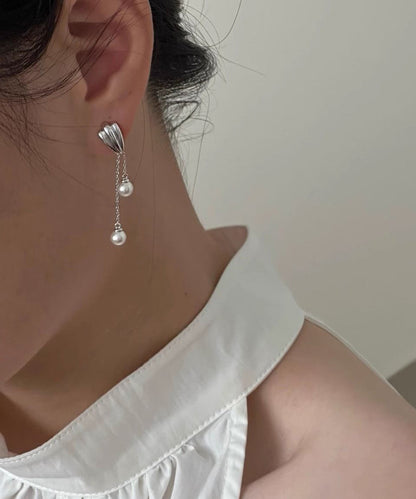 Simple Stainless Steel Pearl Tassel Drop Earrings