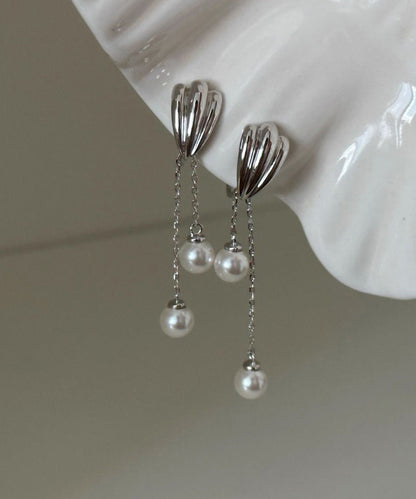 Simple Stainless Steel Pearl Tassel Drop Earrings