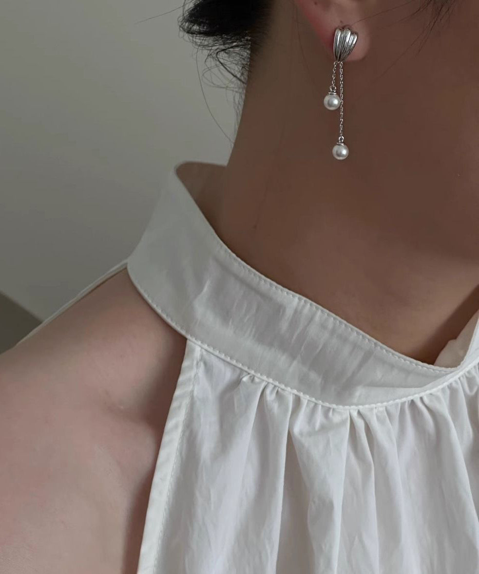 Simple Stainless Steel Pearl Tassel Drop Earrings