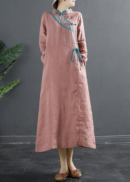 Simple Stand Collar Tunics Pink Embroidery Robe Dresses - SooLinen