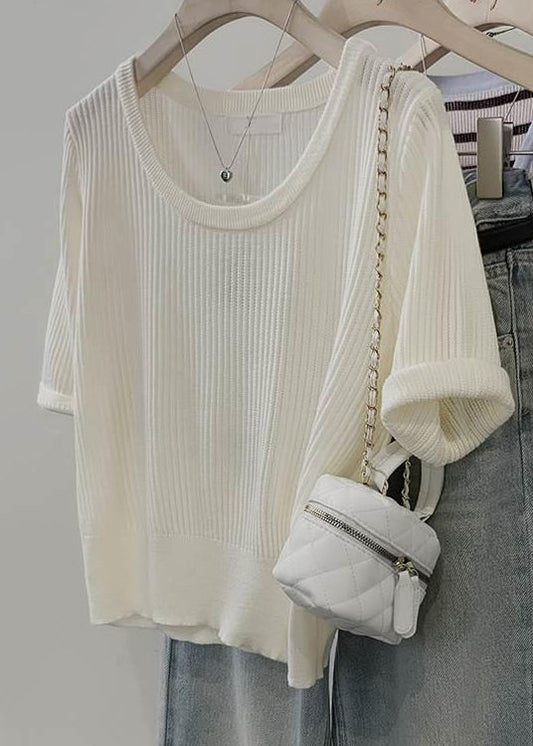 Simple Style Green U Neck Knit Top Short Sleeve