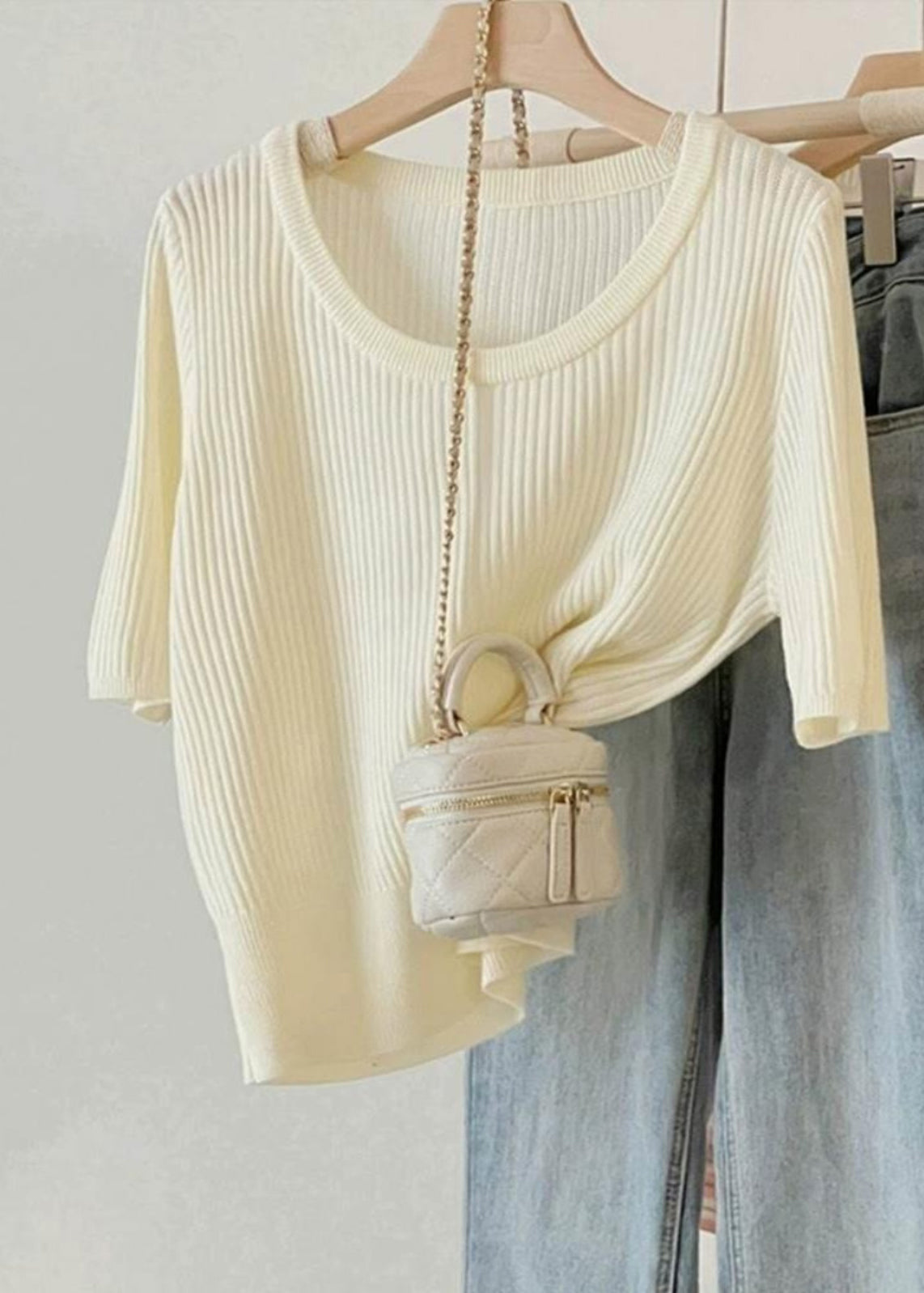 Simple Style Green U Neck Knit Top Short Sleeve