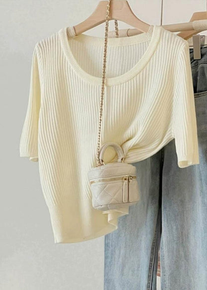 Simple Style Green U Neck Knit Top Short Sleeve