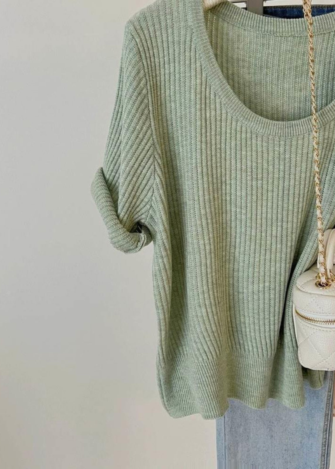 Simple Style Green U Neck Knit Top Short Sleeve