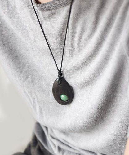 Simple Style Handmade Inlaid Jade Wooden Neutral Pendant Necklace