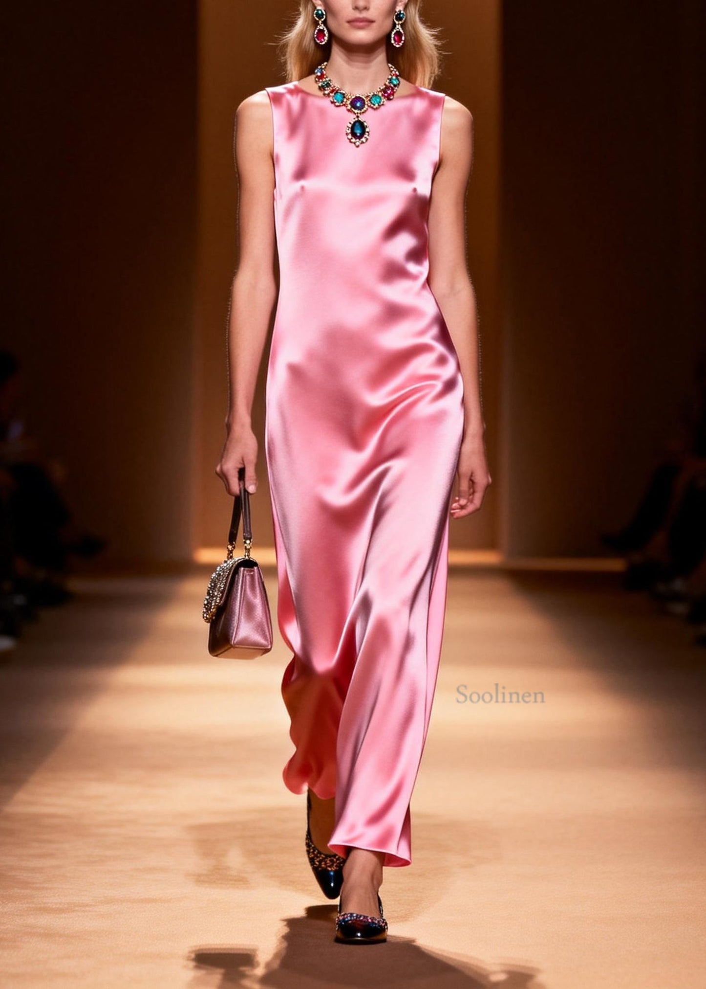 Simple Style Pink O Neck Silk Ankle Dress Sleeveless