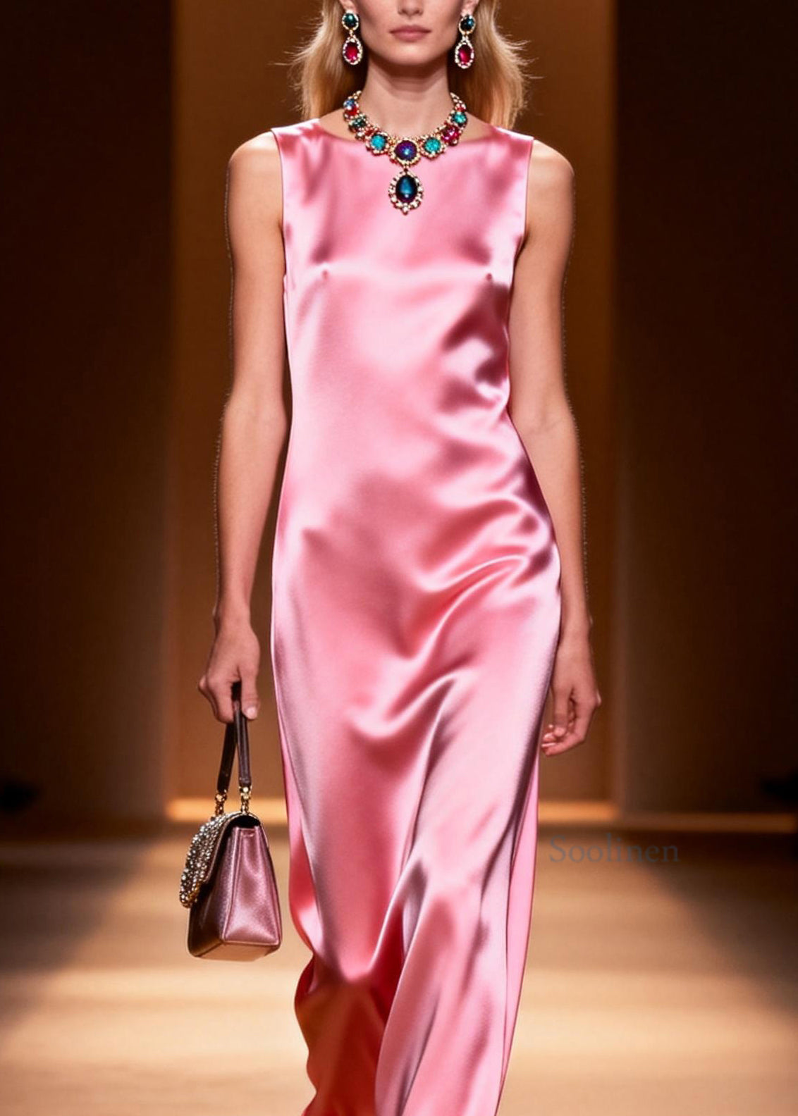 Simple Style Pink O Neck Silk Ankle Dress Sleeveless