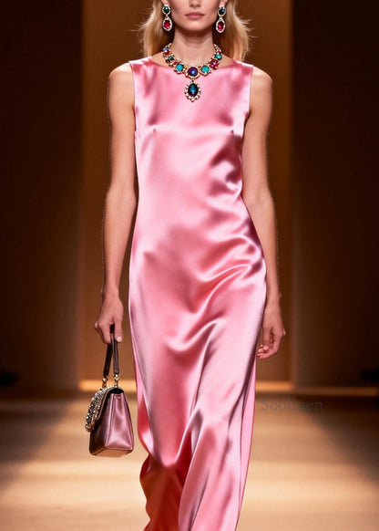 Simple Style Pink O Neck Silk Ankle Dress Sleeveless