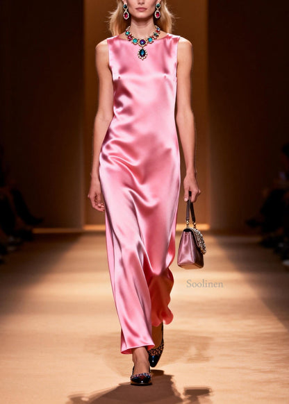 Simple Style Pink O Neck Silk Ankle Dress Sleeveless