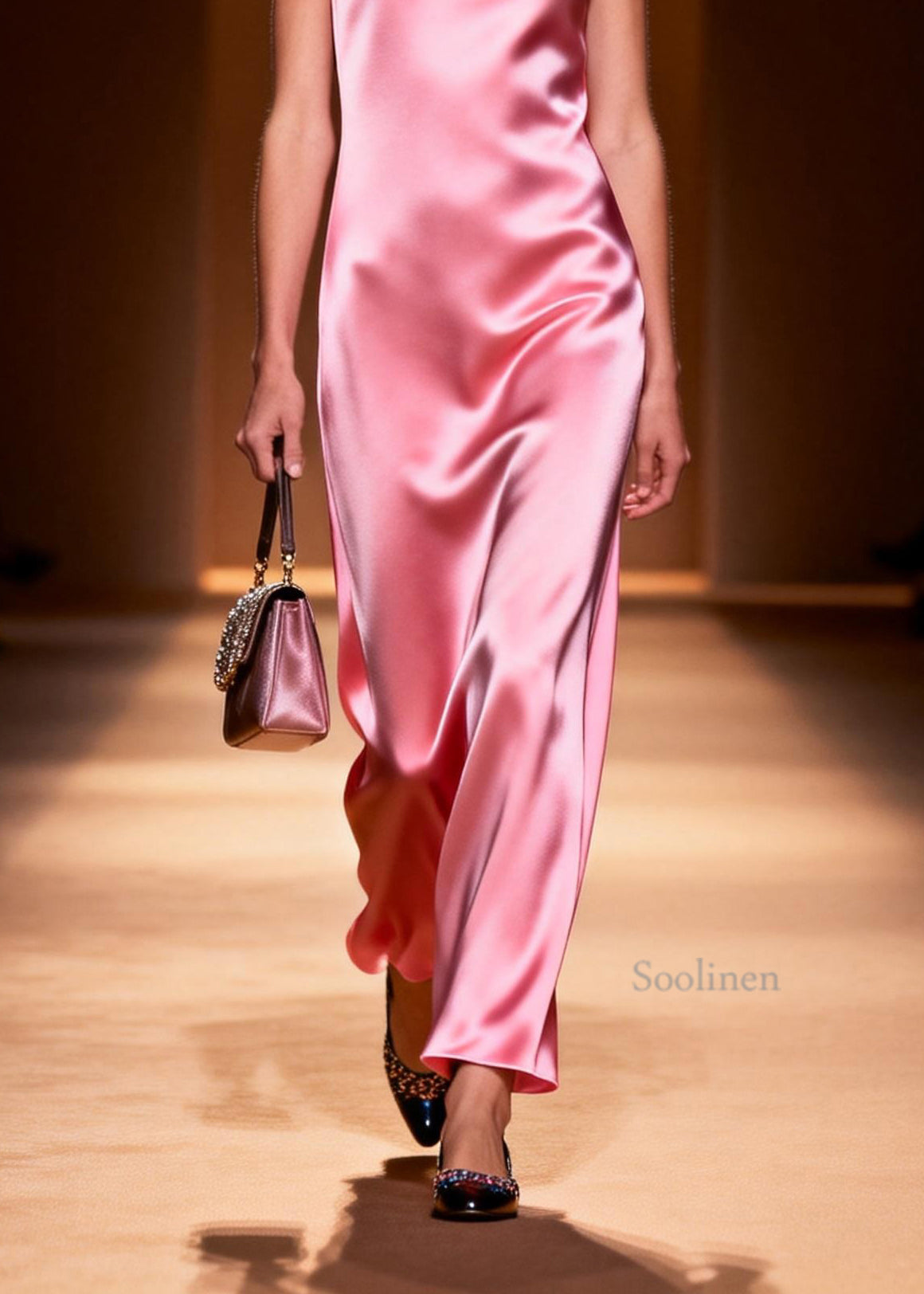Simple Style Pink O Neck Silk Ankle Dress Sleeveless