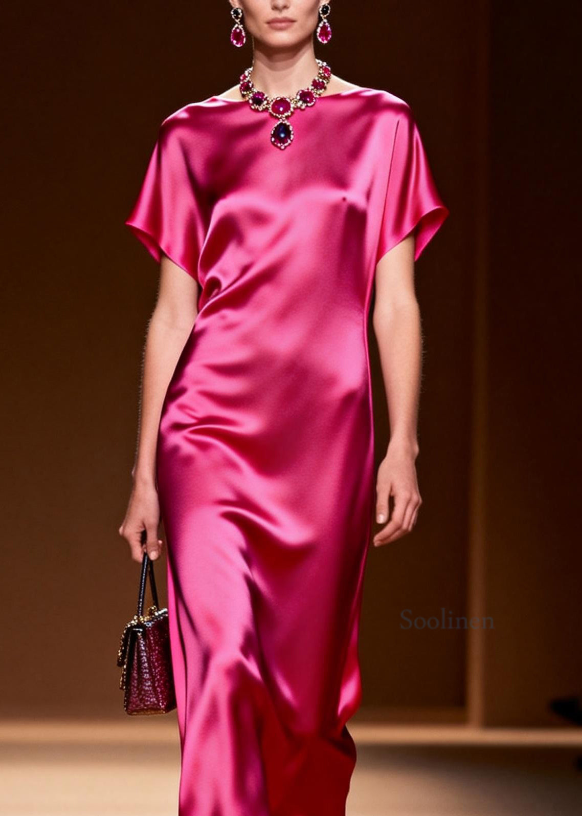 Simple Style Rose O Neck Silk Long Dress Summer