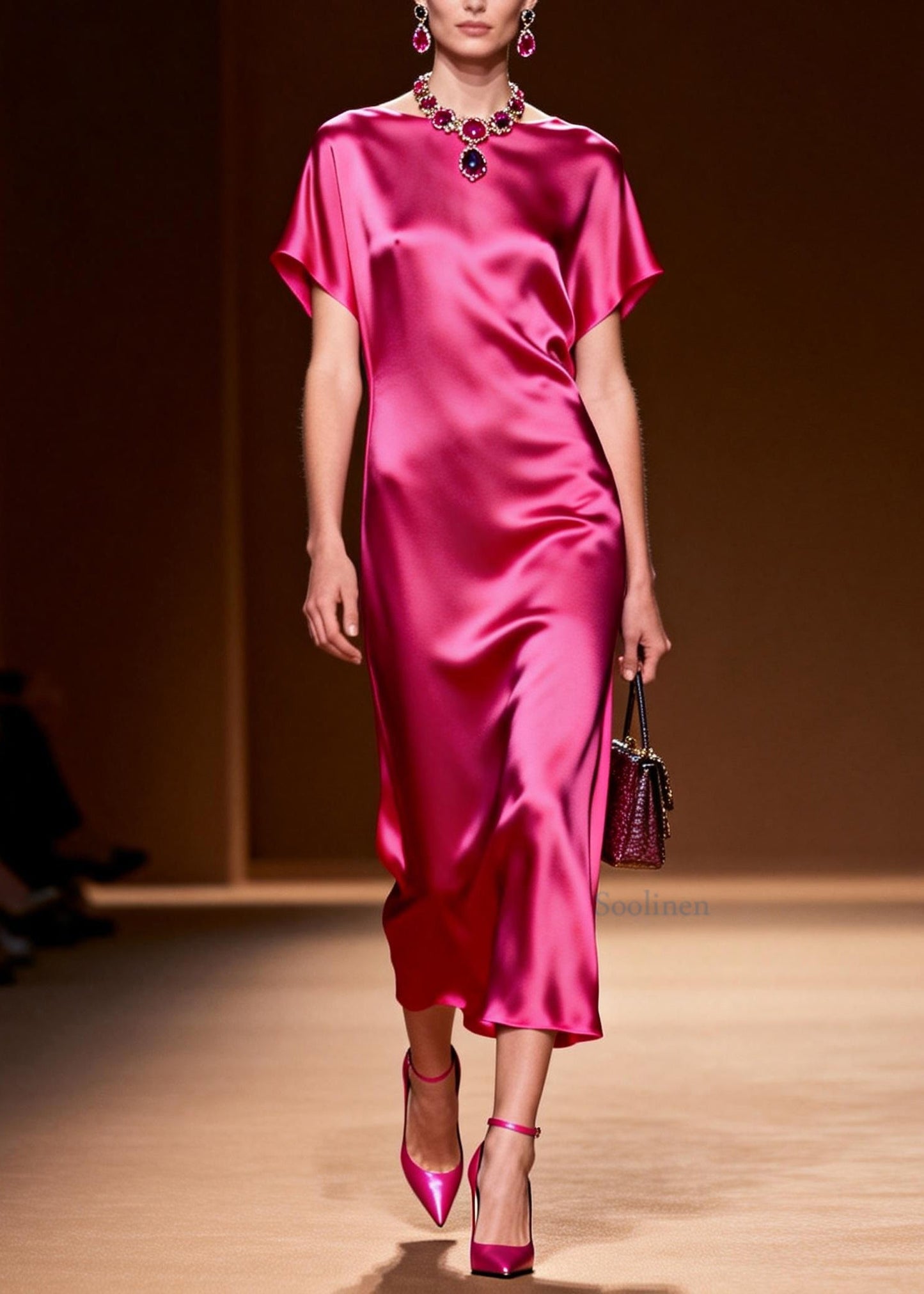 Simple Style Rose O Neck Silk Long Dress Summer