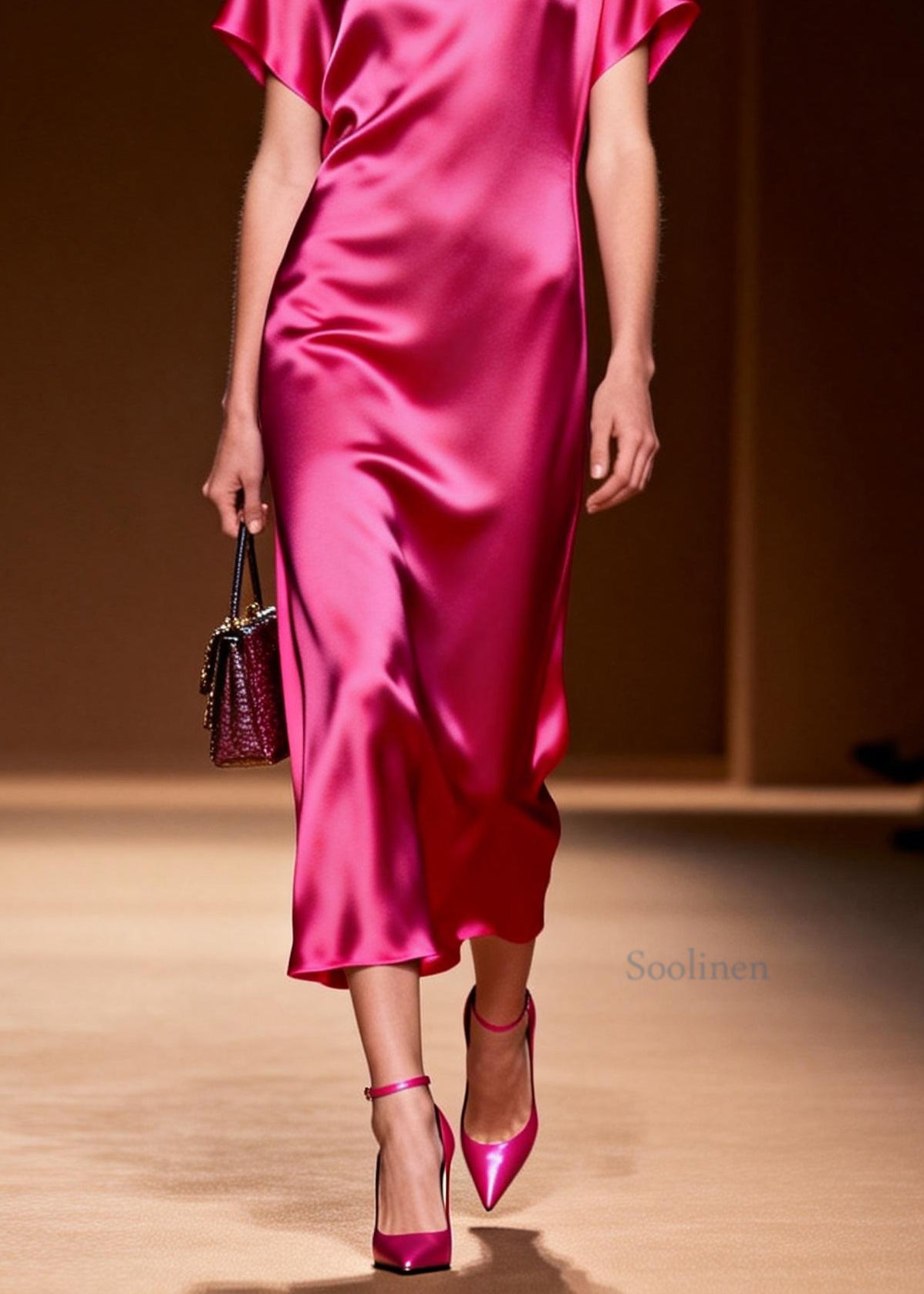 Simple Style Rose O Neck Silk Long Dress Summer