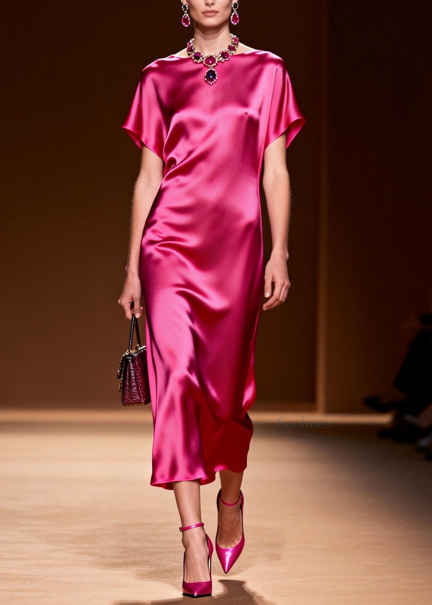 Simple Style Rose O Neck Silk Long Dress Summer