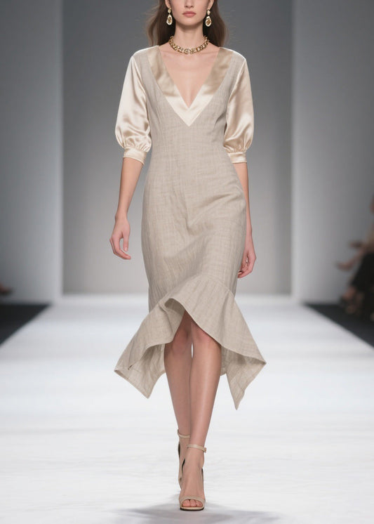 Simple Style V Neck Patchwork Linen Silk Dress Summer