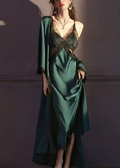 Simple Tea Green Cross Strap Backless Patchwork Lace Slips And Robe Two Piece Set