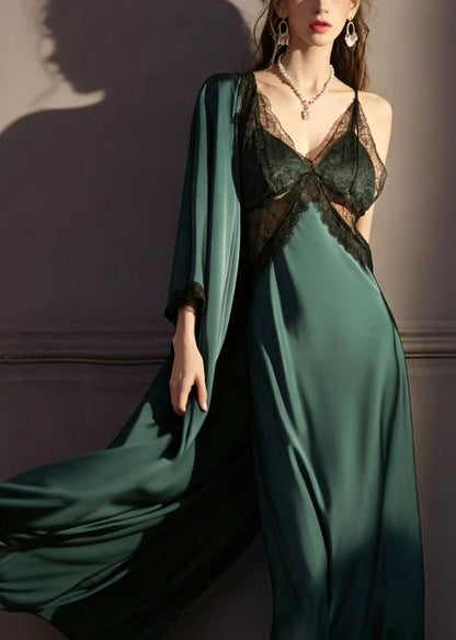 Simple Tea Green Cross Strap Backless Patchwork Lace Slips And Robe Two Piece Set