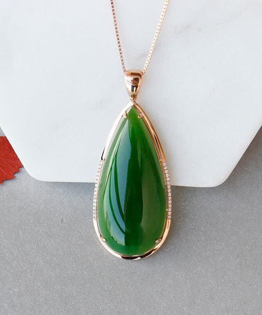 Simple Tea Green Sterling Silver 18K Inlaid Jade Pendant Necklace