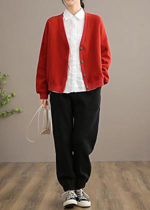 Simple V Neck Button Down Top Quality Spring Red outwear - SooLinen