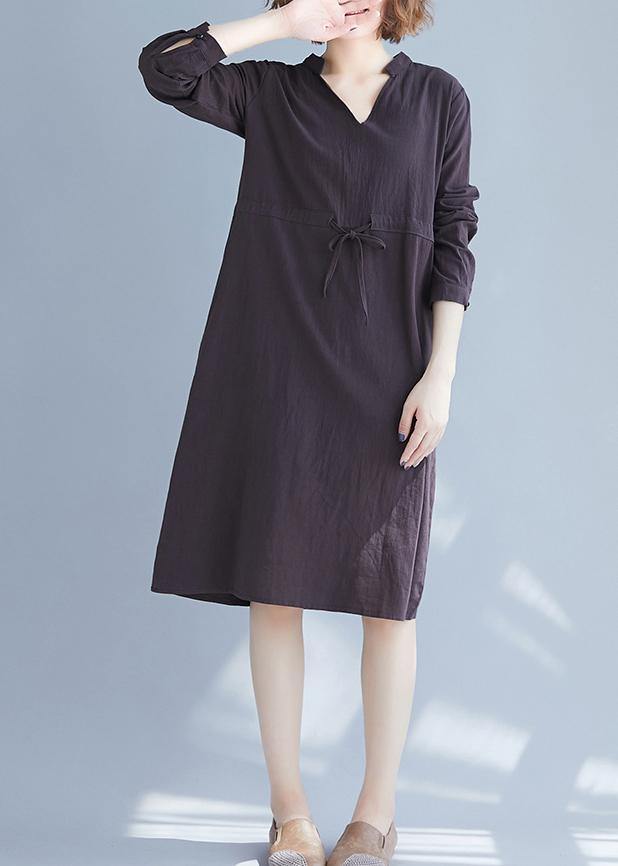 Simple V Neck Drawstring Spring Robes Neckline Gray Dresses - SooLinen
