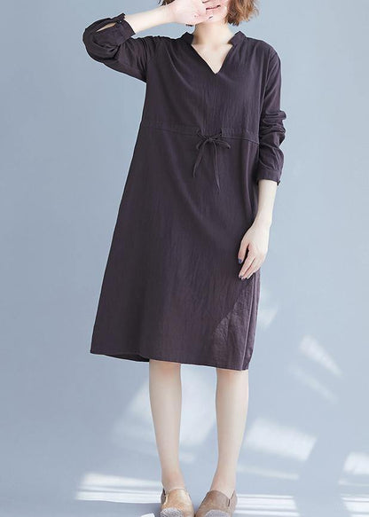 Simple V Neck Drawstring Spring Robes Neckline Gray Dresses - SooLinen