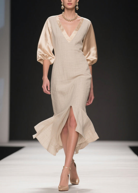 Simple V Neck Side Open Patchwork Linen Silk Dress Summer