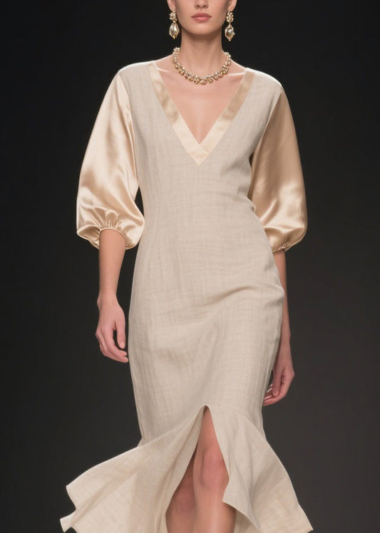 Simple V Neck Side Open Patchwork Linen Silk Dress Summer