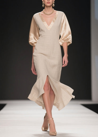 Simple V Neck Side Open Patchwork Linen Silk Dress Summer