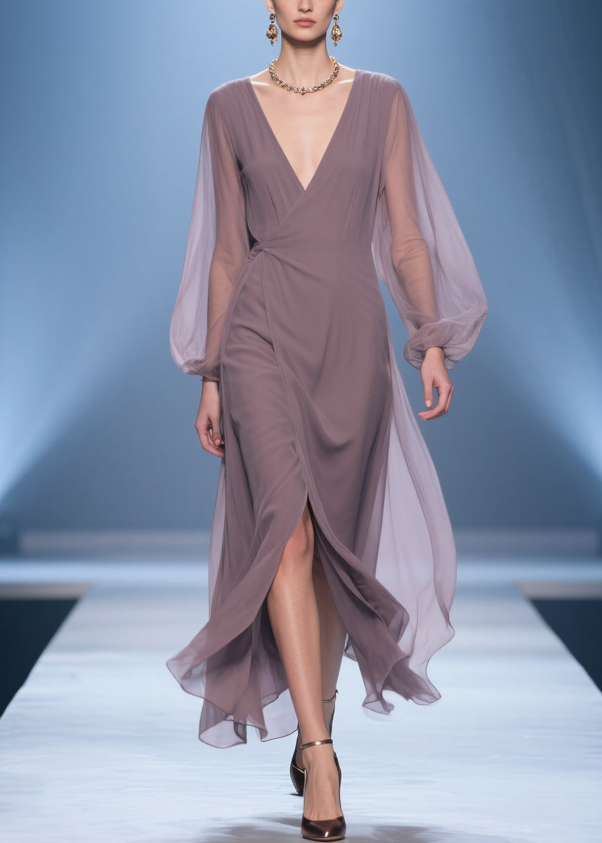 Simple V Neck Wrinkled Side Open Chiffon Long Dresses Spring