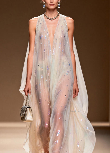 Simple V Neck Zircon Patchwork Chiffon Long Dress Sleeveless