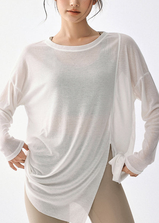 Simple White Asymmetrical Long Sleeve Yoga Smock Top