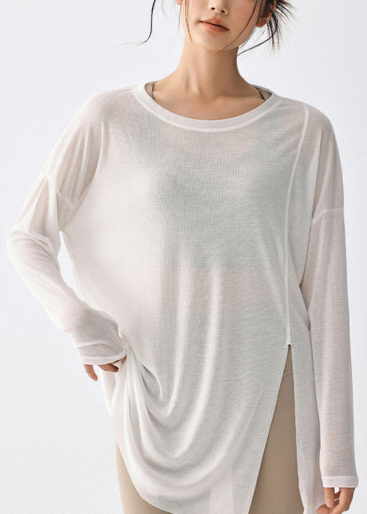 Simple White Asymmetrical Long Sleeve Yoga Smock Top