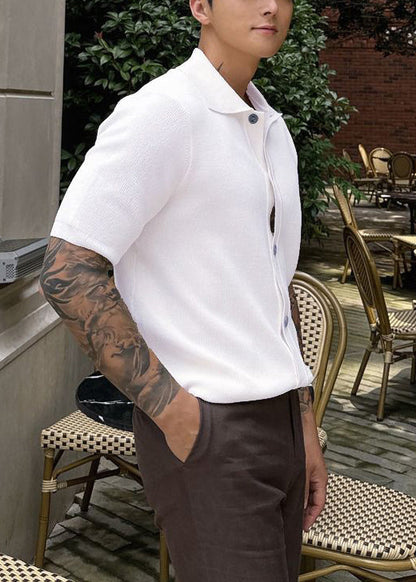 Simple White Button Solid Knitting Cotton Polo Shirts Men Summer