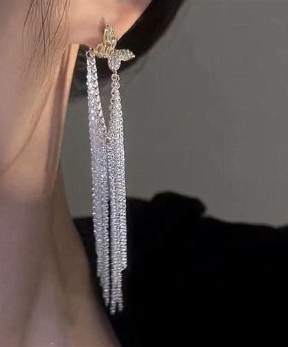 Pendientes colgantes sencillos con borlas de circonita y mariposa de cobre blanco