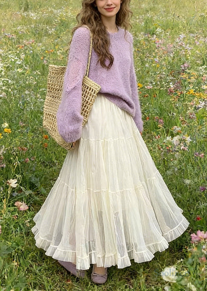 Simple White Elastic Waist Exra Large Hem Tulle Skirt Spring