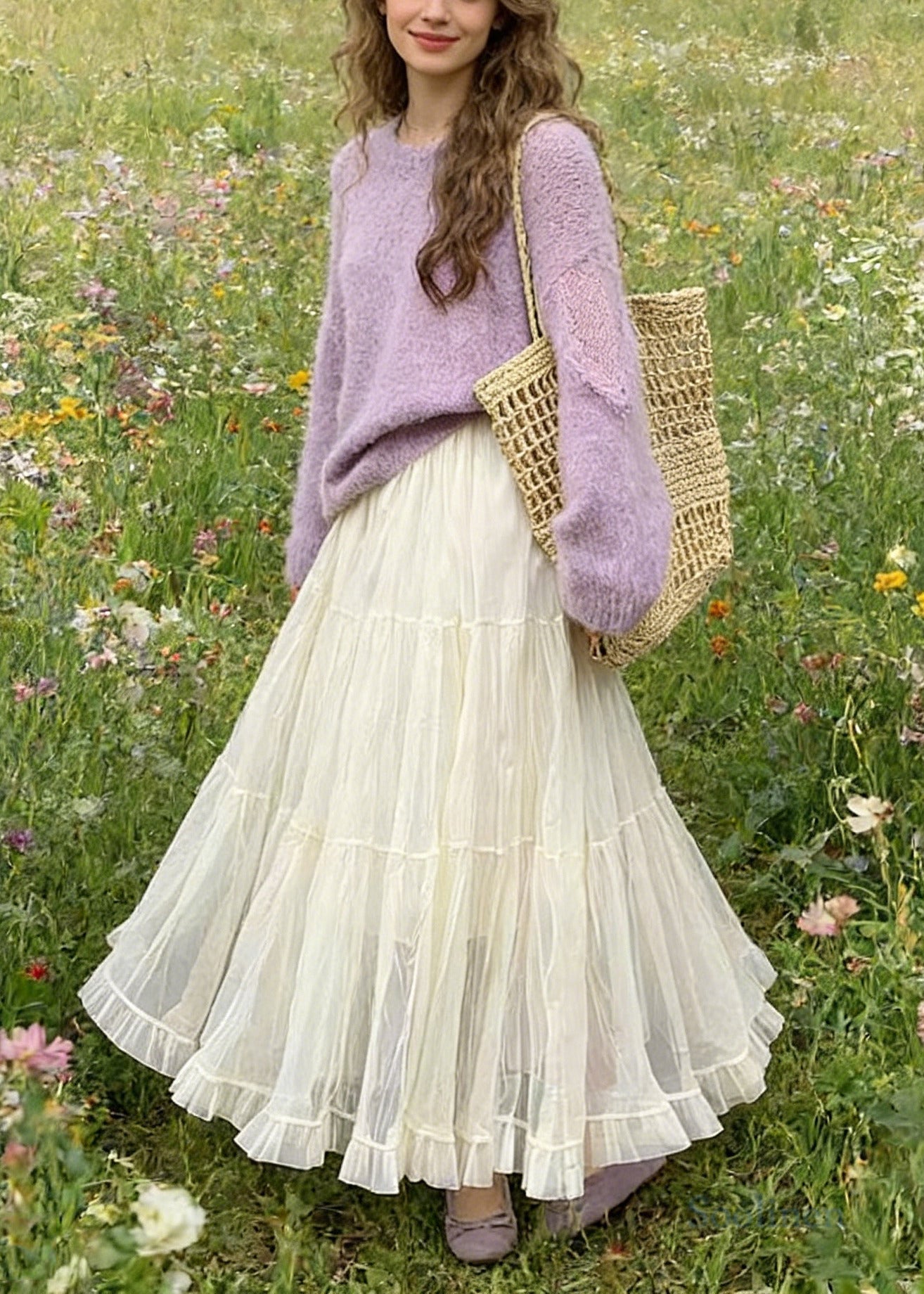 Simple White Elastic Waist Exra Large Hem Tulle Skirt Spring