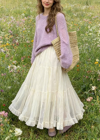 Simple White Elastic Waist Exra Large Hem Tulle Skirt Spring
