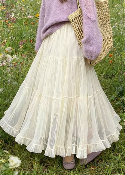 Simple White Elastic Waist Exra Large Hem Tulle Skirt Spring
