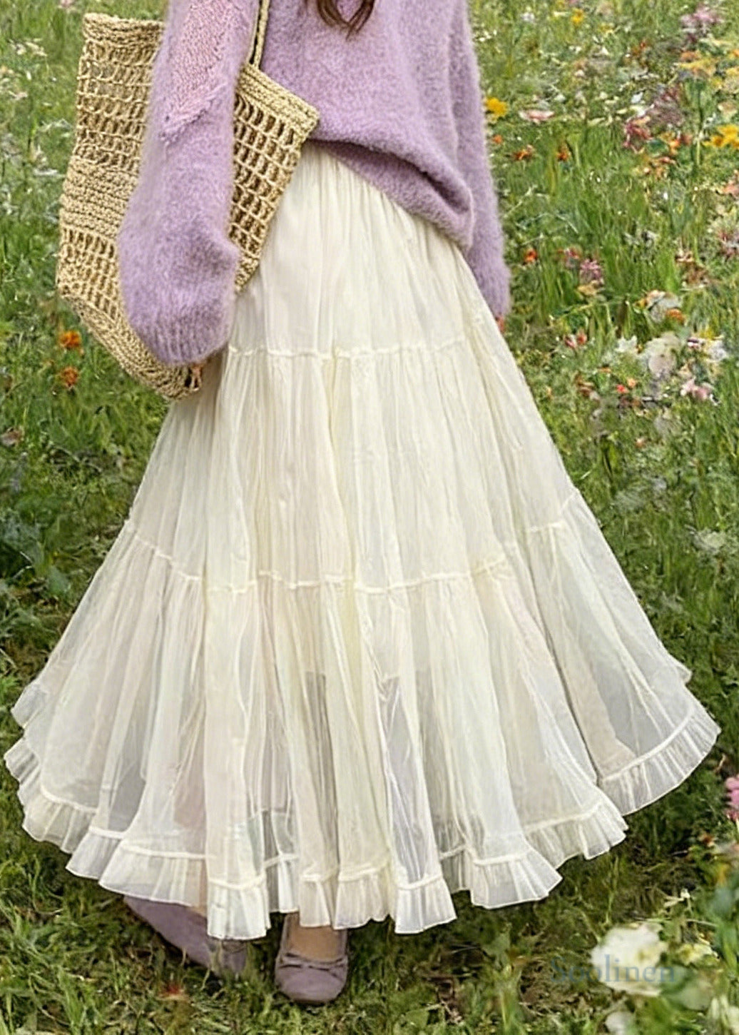 Simple White Elastic Waist Exra Large Hem Tulle Skirt Spring